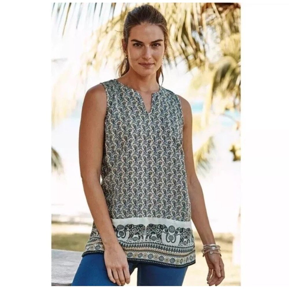 J. Jill 100% Linen Sleeveless Tunic Top Elephant Floral Print Boho Summer